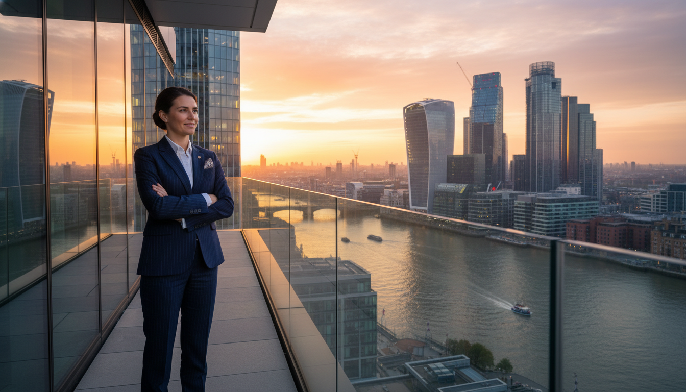 A high-resolution, photorealistic image of a professional business executive in a sharp navy suit standing on a balcony overlooking the London Canary Wharf district during sunset. The lighting is warm and cinematic, capturing the modern glass skyscrapers and the reflection of the Thames River.