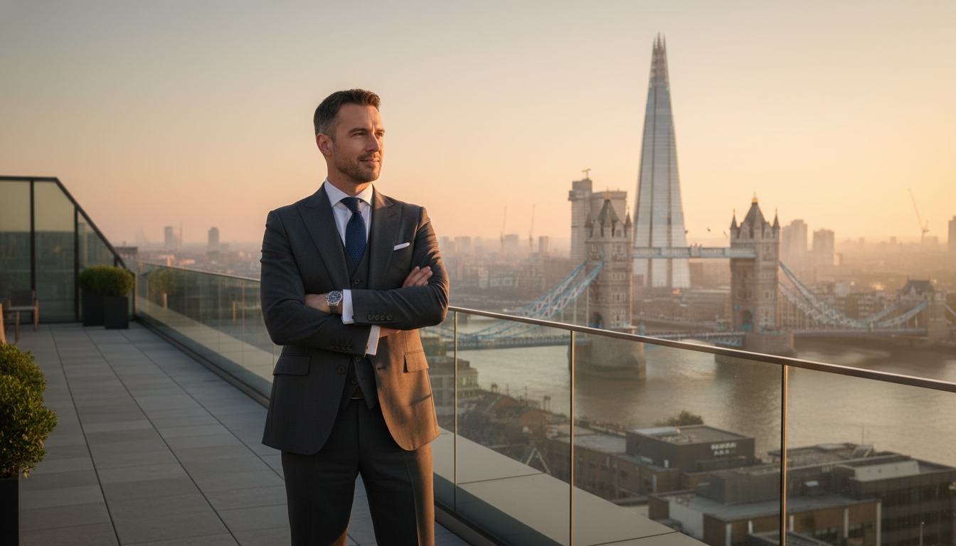 A professional businessman in a tailored charcoal suit standing confidently on a terrace overlooking the London skyline with The Shard and Tower Bridge in the background at sunset, cinematic lighting, photorealistic, 8k resolution.