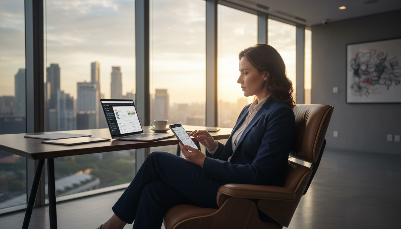 A professional expat sitting in a high-end modern office in a skyscraper, using a sleek laptop and a smartphone to manage international bank accounts, with a blurry cityscape of Singapore visible through the floor-to-ceiling windows, photorealistic, 8k resolution, cinematic lighting.