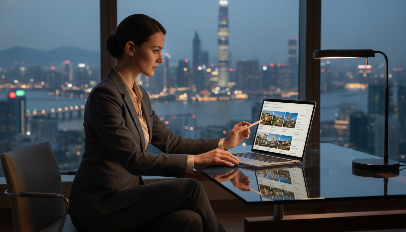 A professional person in a sleek modern office looking at international property listings on a laptop with a blurred global cityscape in the background, high-quality photography, realistic lighting, 4k resolution.