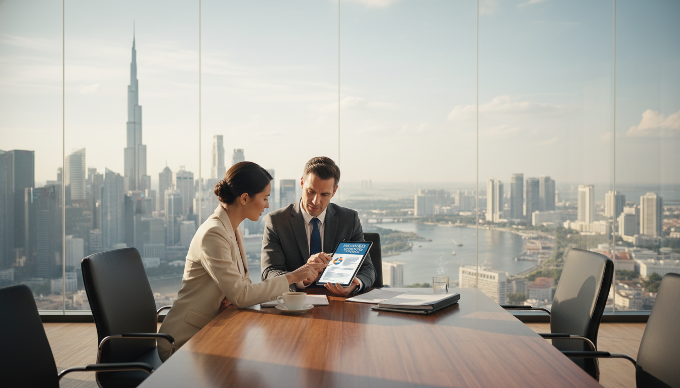 A professional couple sitting in a bright, modern glass-walled office overlooking a global city skyline like Singapore or Dubai, reviewing insurance documents on a tablet, photorealistic, high resolution, soft natural lighting.