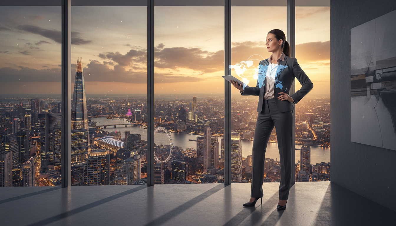 A professional business executive standing in a high-rise office overlooking a global city skyline like London or Singapore, with a world map displayed on a tablet in their hand, photorealistic, cinematic lighting, corporate aesthetic.