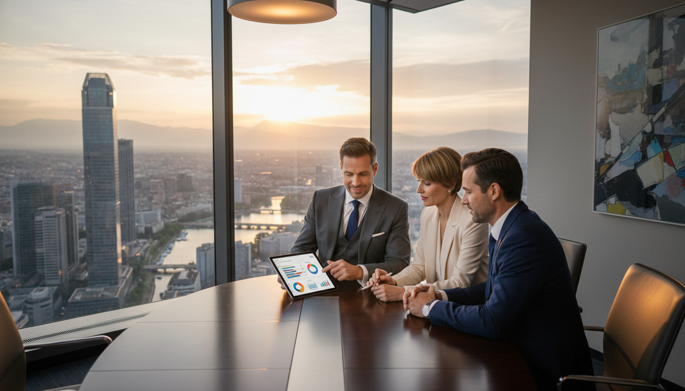 A professional financial advisor in a tailored suit sitting in a modern, high-rise office overlooking the city skyline of a major financial hub like Zurich or Singapore, presenting a digital portfolio on a tablet to a professional couple, photorealistic, cinematic lighting, 8k resolution.