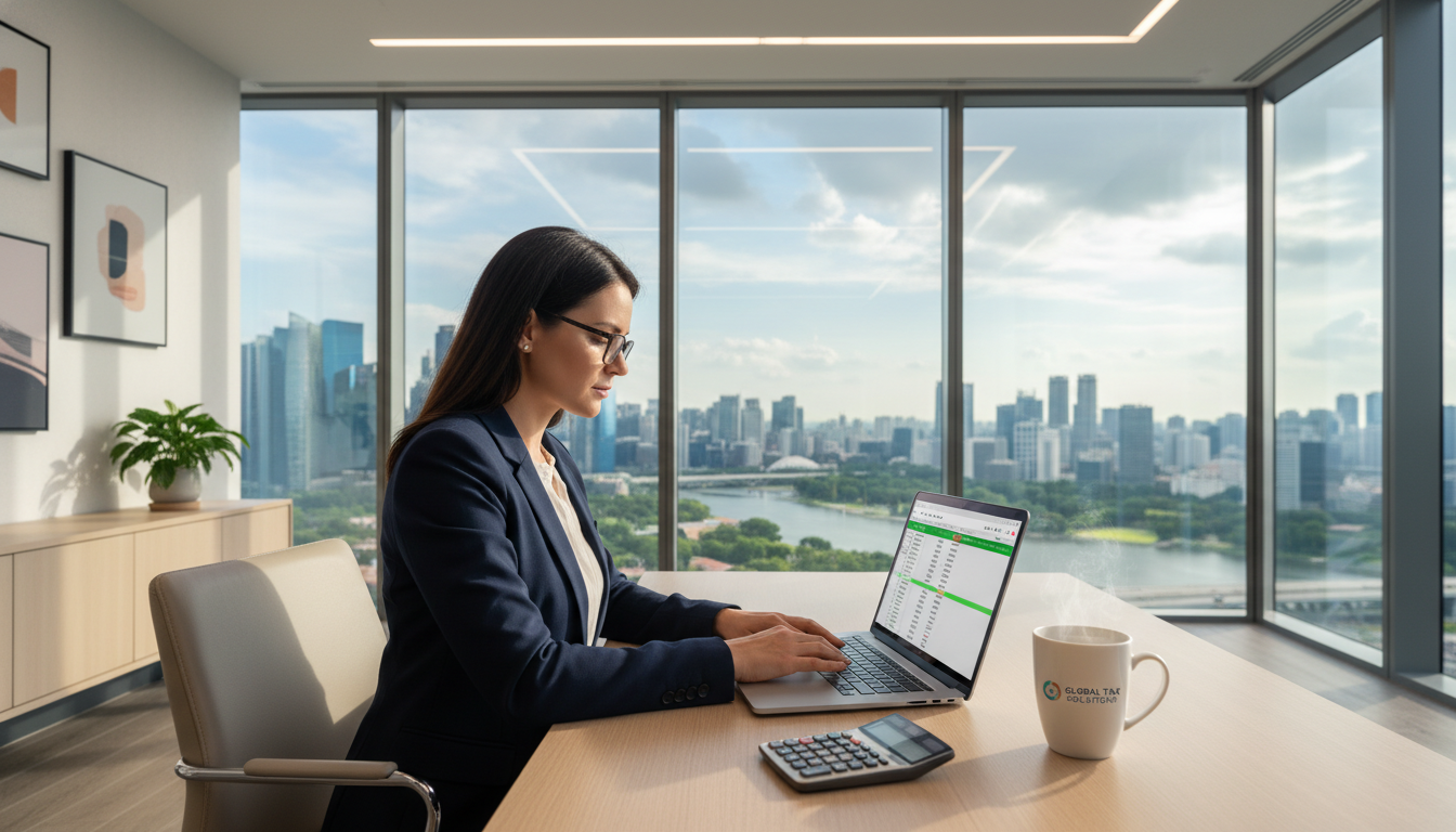 A professional tax advisor sitting in a bright, modern office with a view of a global city like Singapore or London in the background. The advisor is using a laptop and reviewing digital tax forms, with a coffee mug and a calculator on the desk. Photorealistic, high resolution, professional lighting, 8k.