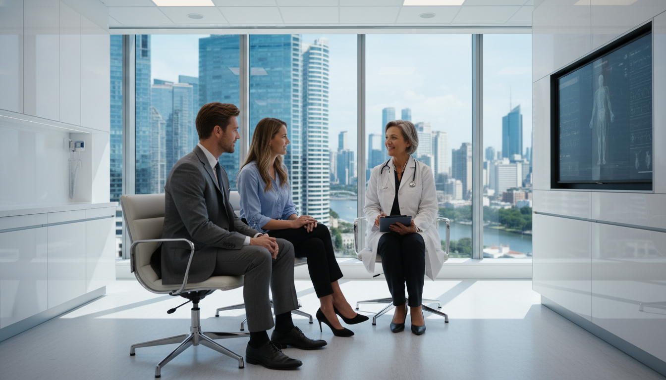 A professional expat couple in their 30s consulting with a friendly doctor in a high-tech, modern international clinic with floor-to-ceiling windows showing a global city skyline, photorealistic style, 8k resolution.